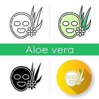Vegan face mask icon. Healing skincare treatment. Natural spa procedure. Medicinal herbs for cleansing and moisturizing. Aloe vera. Linear black and RGB color styles. Isolated vector illustrations