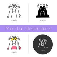 Stress icon. Anxiety and panic attack. Emotional problem. Distress. Migraine and headache. Worried man. Mental disorder. Flat design, linear and color styles. Isolated vector illustrations