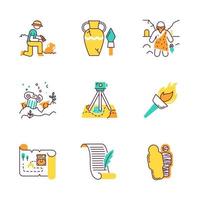 Archeology color icons set. Excavation and research. Archeologist. Ancient artifacts. Caveman with beard. Ruins. Filed survey. Flambeau. Treasure map, manuscript. Mummy. Isolated vector illustrations