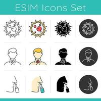 Common cold icons set. Influenza virus outbreak. Sore throat. Nose drip. Healthcare. Disease treatment. Nasal sprayer. Flat design, linear, black and color styles. Isolated vector illustrations