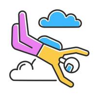 Skydiving color icon. Sky diving. Freefall tricks. Skydiver jumping with parachute. Air extreme sport flight stunt. Adrenaline recreation. Parachutist flying in sky. Isolated vector illustration