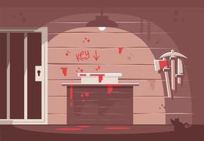 Horror themed escape room flat vector illustration. Prison cell and blood inscription on wall. Searching solution, crime investigation, solving mysteries. Quest room with hint. Modern entertainment