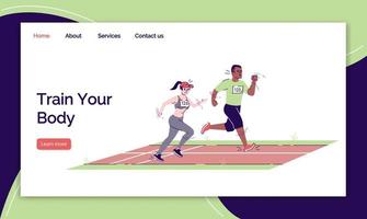 Train your body landing page vector template. Running competitions website interface idea with flat illustrations. Sport activity homepage layout. Endurance race web banner, webpage cartoon concept