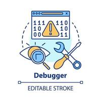 Debugger concept icon. Debugging tool. Testing and setting software. Computer program development. Code error checking idea thin line illustration. Vector isolated outline drawing. Editable stroke