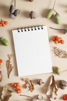 Autumn layout of mountain ash, acorns, fallen leaves, cones with a blank copy space notebook photo