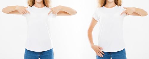 cropped portrait collage front view of cute woman in white t shirt isolated on white background, mock up for desigh photo