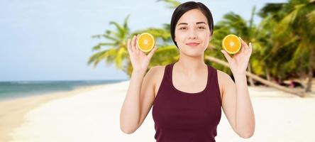 happy korean girl on vacation on a tropical island,summer concept photo