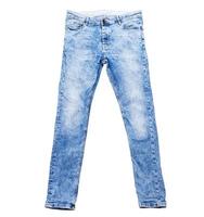 Pantalones de mezclilla azul sobre blanco de cerca el espacio de copia, fondo de blue jeans foto