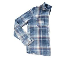 Man's cotton plaid shirt isolated on white background, top view Man's blue cotton plaid shirt, folded men's shirt copy space photo