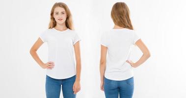 Front and back views of young caucasian girl woman in stylish t-shirt on white background. Mock up for design. Copy space. Template. Blank photo