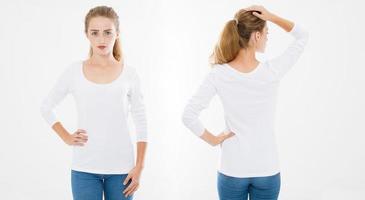 Front and back views of young caucasian girl woman in stylish t-shirt on white background. Mock up for design. Copy space. Template. Blank photo