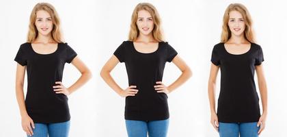 set front views three women in tshirt isolated on white background, collage girl in black t shirt, blank,woman shirt photo