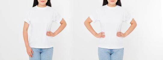 Front and back views of young asian japanese girl woman in stylish t-shirt on white background. Mock up for design. Copy space. Template. Blank photo