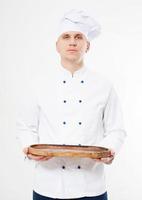chef in white uniform holding empty tray isolated background photo