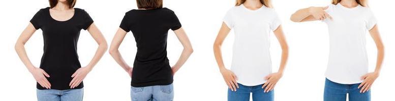 mujer en camiseta blanca y negra vista frontal y trasera aislada imagen recortada opciones de camiseta en blanco, chica en conjunto de camiseta. Bosquejo. diseño de camisetas y concepto de personas. foto