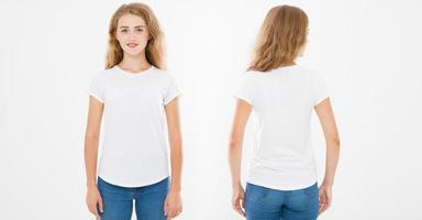 Front and back views of young caucasian girl woman in stylish t-shirt on white background. Mock up for design. Copy space. Template. Blank photo