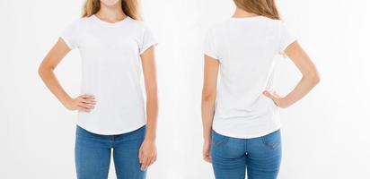 Front and back views of young caucasian girl woman in stylish t-shirt on white background. Mock up for design. Copy space. Template. Blank photo