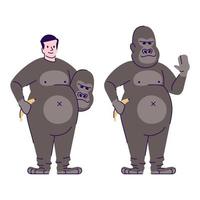 Man dressed in gorilla costume flat vector illustration. Person dressing like animal. Guy in Halloween party outfit cartoon character with outline elements isolated on white background