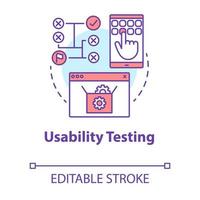 Usability testing concept icon. Software development stage idea thin line illustration. User interaction with system. App programming. IT project. Vector isolated outline drawing. Editable stroke