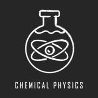 Chemical physics chalk icon. Subdiscipline of chemistry and physics. Laboratory research. Chemical substance in flask. Lab experiment. Biochemical reaction. Isolated vector chalkboard illustration