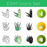 Aloe vera icons set. Organic cosmetic product. Skincare lotion. Natural serum. Medicinal herb for skincare. Decorative plant. Linear, black and RGB color styles. Isolated vector illustrations