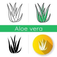 Aloe vera icon. Succulent growing sprouts. Cactus leaves and thorns. Medicinal herb for skincare. Decorative plant. Linear black and RGB color styles. Isolated vector illustrations