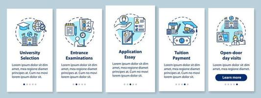 University entrance onboarding mobile app page screen with linear concepts. Tuition payment. Essay, exam. Five walkthrough steps graphic instructions. UX, UI, GUI vector template with illustrations