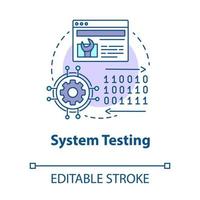 icono del concepto de prueba del sistema. Ilustración de línea fina de idea de etapa de desarrollo de software. verificación del rendimiento de la aplicación. Gestión de proyectos. dibujo de contorno aislado vectorial. trazo editable vector