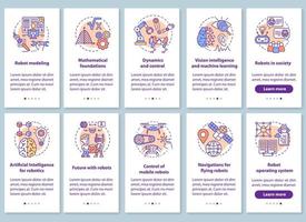 Robotics courses onboarding mobile app page screen with linear concepts set. Modeling and development of robots walkthrough steps graphic instructions. UX, UI, GUI vector template with illustrations
