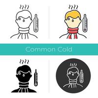 High temperature icon. Fever symptom. Disease, illness. Man unwell. Flu infection. Sick person. Thermometer. Grippe treatment. Flat design, linear and color styles. Isolated vector illustrations