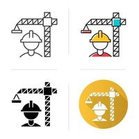 Construction industry icon. Building sector. Crane builder in helmet. Industrial engineering. Real estate development. Flat design, linear and color styles. Isolated vector illustrations