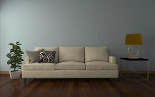 3d prestados del interior de la sala de estar moderna con sofá - maqueta realista de sofá y mesa