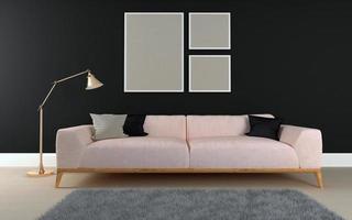 Realistic Mockup of 3D Rendered of Interior of Modern Living Room with Sofa - Couch and Table photo