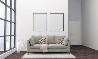 Realistic Mockup 3D Rendered Interior of Modern Living Room with Sofa - Couch and Table photo