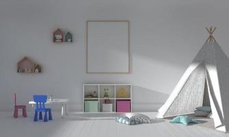 Kids Room, Play house, kids furniture with toy and frame mockup photo