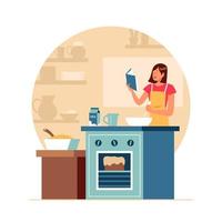 mujer joven, hornear, cocina, en casa vector