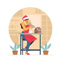 Woman Decorate Ginger Bread House vector