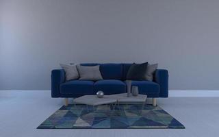 3d prestados del interior de la sala de estar moderna con sofá - maqueta realista de sofá y mesa foto