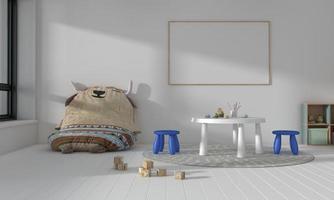 Kids Room, Play house, kids furniture with toy and frame mockup photo