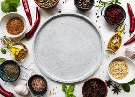 Empty plate and frame of spices photo