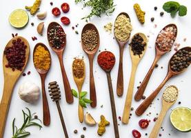 Various spices isolated on white background, top view photo