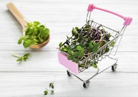 micro verdes en carrito de compras sobre fondo de madera. diferentes tipos de microgreens a la venta. concepto de alimentación saludable