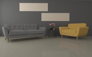 Realistic Mockup of 3D Rendered of Interior of Modern Living Room with Sofa - Couch and Table photo