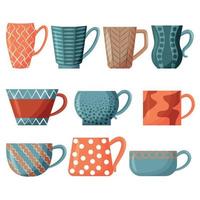 Vector set of tea cups. Colorful cups for morning tea drinking. Design elements isolated on a white background.