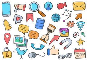 social media technology concept doodle hand drawn set collections with flat outline style vector