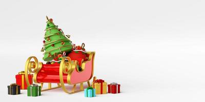 Scene of Sleigh full of Christmas gifts and Christmas tree, 3d rendering photo