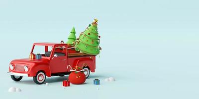 feliz navidad y próspero año nuevo, camión de navidad lleno de regalos de navidad y árbol de navidad detrás del camión, representación 3d