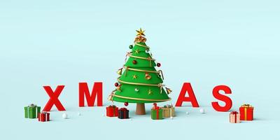 feliz navidad y próspero año nuevo, árbol de navidad con letras navidad, representación 3d foto