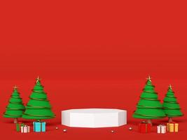 Scene of podium with Christmas tree for product advertisement, 3d rendering photo