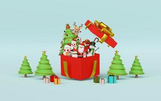 Merry Christmas and Happy New Year, Scene of Christmas celebration with Santa Claus and friends with big gift box, 3d rendering photo